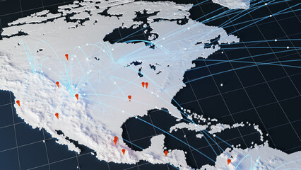Global Connection Network over North America Map with Data Lines and Pins. 3d rendering