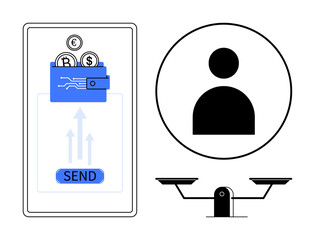 Mobile wallet with coins for Bitcoin and Euro being sent, user profile, and balance scale symbol. Ideal for finance, cryptocurrency, justice, transactions, equality, tech ethics simple flat