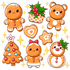 Merry Christmas collection with cute gingerbread. Can be used for winter holiday tag, label, t-shirt print, sticker, greeting card, badge. Vector xmas set. Christmas gingerbread cookies collection