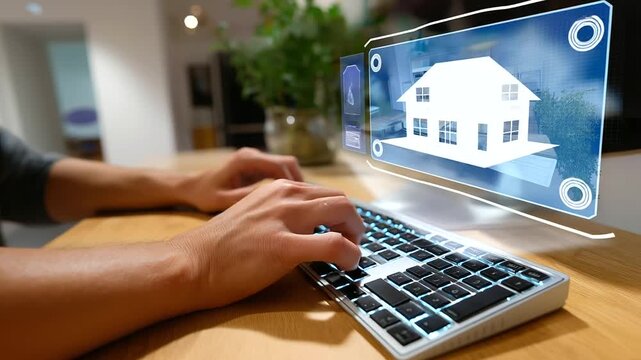 Hands interacting with a keyboard, faceless posture, monitor defocused to show only soft outlines of a kitchen plan, with copy space