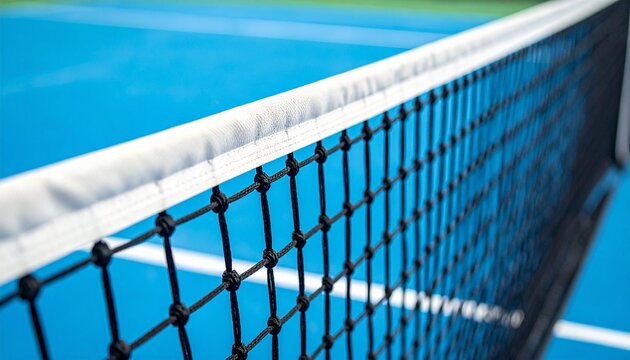 Close-up of a tennis court net, showing the texture and court in the background