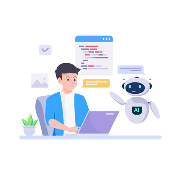 Man working as prompt engineer solving work tasks with generative AI model and chat bot. Artificial intelligence in business concept