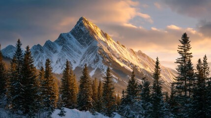 Snow covered mountain peak bathed in golden light during sunset surrounded by coniferous trees and