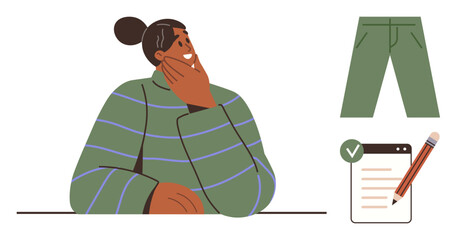 Thoughtful individual in a green sweater rests hand on chin while considering a choice. Green pants and checklist with pencil indicate planning, shopping, or task evaluation. Ideal
