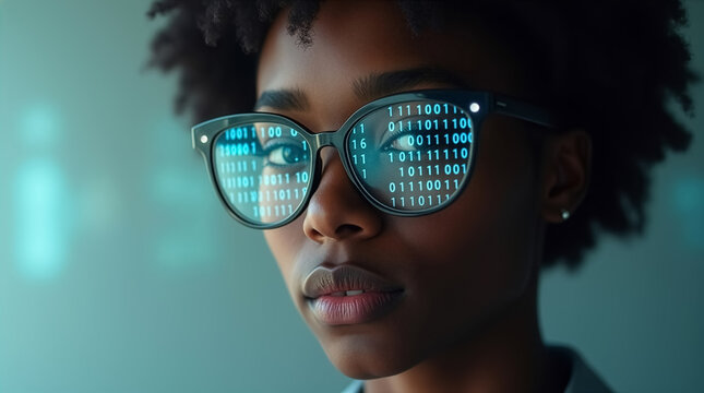 Woman looks thoughtfully at digital code projected on her glasses. Bright tech office setting with futuristic ambiance. Concept of technology, innovation, data analysis - Powered by Adobe