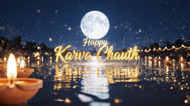 Happy Karva Chauth Full Moon Diyas Water Reflection Indian Festival