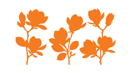 Decorative magnolia blossom silhouettes set against white.