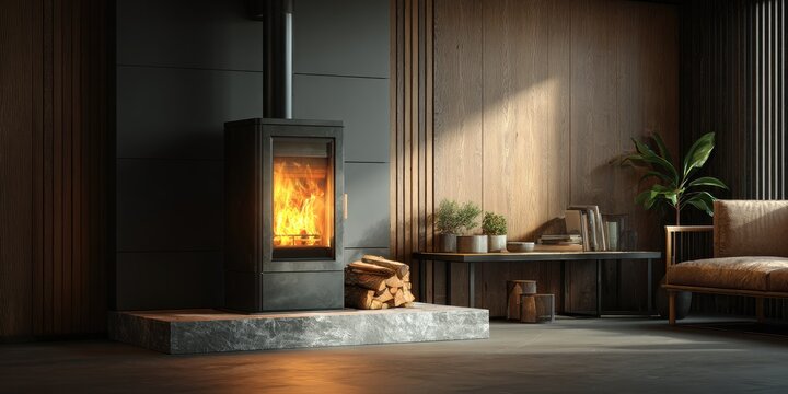Modern interior with wood-burning stove and warm, inviting light