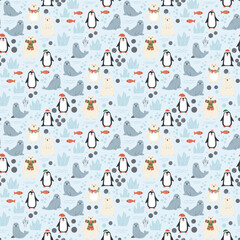 Christmas Arctic Animals Pattern Vector. Seamless Winter Pattern Background with Penguin, Polar Bear and Seal.