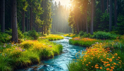 A forest scene with stream winding gently through tall dense trees, peaceful nature landscape
