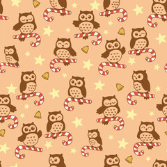 Christmas Owl Vector. Seamless happy Owl Pattern with Stars and Bells. Elegant Winter seamless pattern Background.