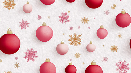 Festive pattern with red and pink christmas ornaments scattered among golden and pink snowflakes on a textured white background
