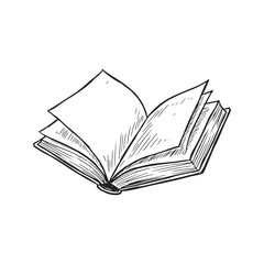 Hand drawn sketch of an open book with fanned pages. Vintage doodle illustration of a literature textbook or novel isolated on background.
