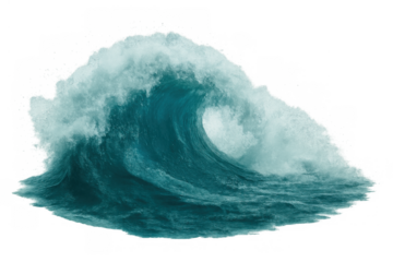 Powerful ocean wave breaking, splashing water, dramatic sea movement with clear transparent background