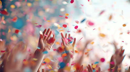 Vibrant stream of colorful confetti falling over a cheering crowd with raised hands during a festival or concert