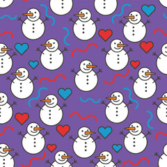 Cute Christmas Pattern Vector. Seamless Festive Pattern Background with Snowmen, Hearts and Lines. Holiday Decorative Whimsical Print Wrapping Paper.