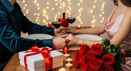 Couple holding hands during romantic dinner night. Table set with gift, red roses, wine, candles, warm string lights