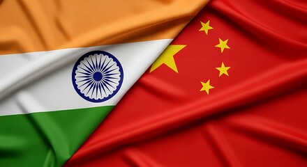 Flag of india and china waving in the wind, representing the relationship