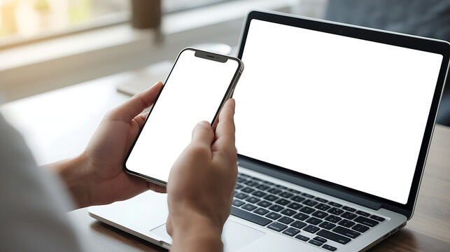 A person is seated at a desk, holding a smartphone and facing an open laptop, both displaying blank white screens. The indoor workspace is illuminated by natural light from a window.
