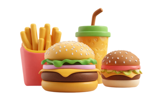 Hand-sculpted 3D clay fast food combo artwork isolated on transparent background