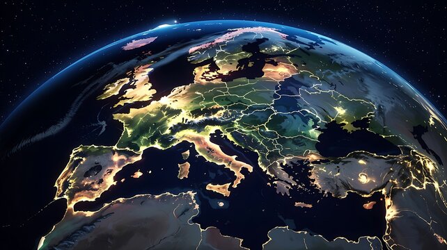 Illuminated earth at night showing europe glowing with city lights and stars in deep space