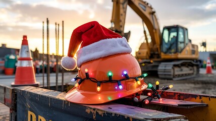 Construction site holiday spirit orange hard hat decorated with santa hat and christmas lights festive season