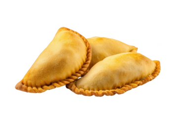 Three golden brown fried empanadas with crimped edges resting neatly on a plain black surface