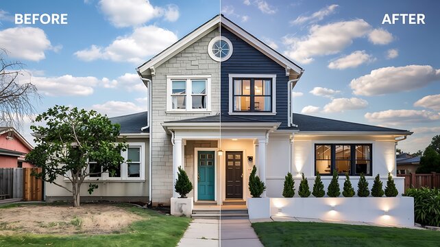 Split image showing a house exterior before and after a dramatic renovation and modern update