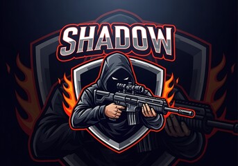 Shadow mascot logo design with a hooded character holding a rifle