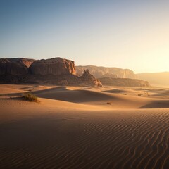 Tranquil desert landscape bathed in soft, early morning light, revealing subtle hues across rolling sand dunes and ancient rock formations ,natural beauty ,quietude ,formations
