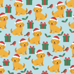 Fototapeta premium Christmas Animal Pattern Vector. Seamless Christmas puppy Pattern with Gifts. Merry Christmas pet seamless pattern Background.