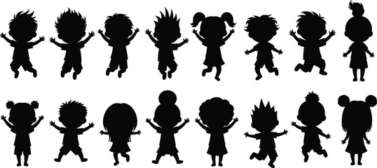 Collection of cute cartoon children silhouettes, happy kids jumping and playing with hands up, black vector illustration isolated on white background