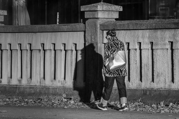 person walking by ornamental concrete fence casting shadow in black and white