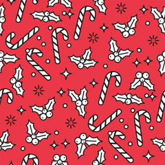 Merry Christmas Pattern Vector. Seamless Pattern Playful Background with Candy Canes, Holly Berries and Sparkles.