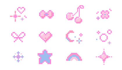 Fototapeta premium Set cute pixel elements, girly stars, bows, heart. Spring flowers and cherry y2k retro game 8 bit icons. Pixel collection.