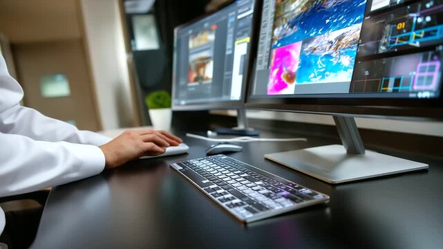 Close-up of hands using a mouse next to a defocused monitor with hints of kitchen module icons and layout grids, with copy space