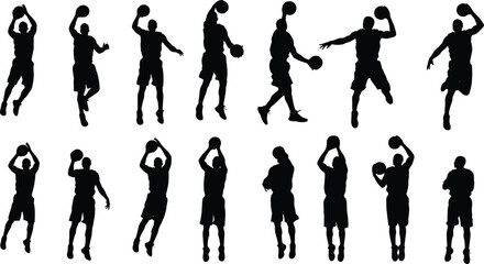 Collection of dynamic basketball player silhouettes, athletes shooting, dribbling, and dunking the ball, black vector illustration isolated on white background
