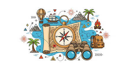 Adventure and Exploration A Vintage Map, Compass, Binoculars, and Hot Air Balloon