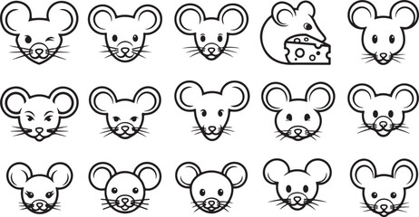 set of black and white face of mouse vector