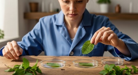 Woman placing fresh mint leaf into petri dish on rustic wooden table, performing botanical research indoors