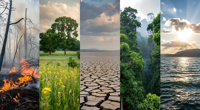 Collage of environmental issues showing forest fire drought lush green forest and calm water under dramatic sky - Powered by Adobe