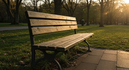 Tranquil view of an empty weathered wooden bench positioned in a quiet recreational park area under warm sunlight and shadows ,green ,seat ,landscape