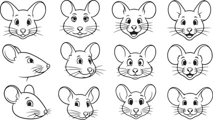 set of black and white face of mouse vector