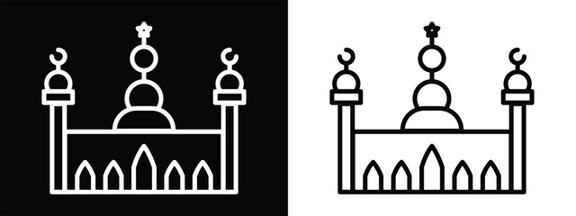 Minimalist Line Art Mosque  Icon - Simple Vector Logo of an Islamic Prayer Place on Dark and Light Background.