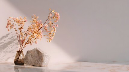 Minimalist still life arrangement of dried pastel flowers in a vase and a stone on a marble surface with soft ambient light