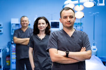 Medical team in surgery room. Doctors standing together in modern operating environment