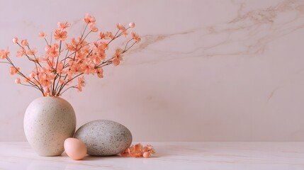 Delicate pink flowers in a vase with a stone and egg on a pastel marble surface