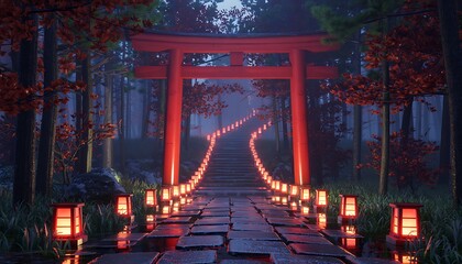 Enchanting japanese torii gate path lined with glowing lanterns leading through a mystical forest at dusk