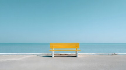 A bright yellow bench sits on a paved area facing a calm clear blue ocean under a vast cloudless sky