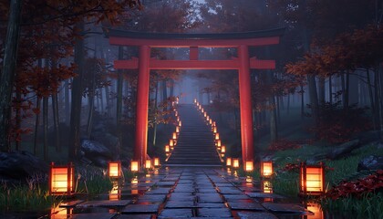 Mysterious ancient japanese shinto shrine torii gate illuminated by glowing lanterns on a misty forest path at dusk